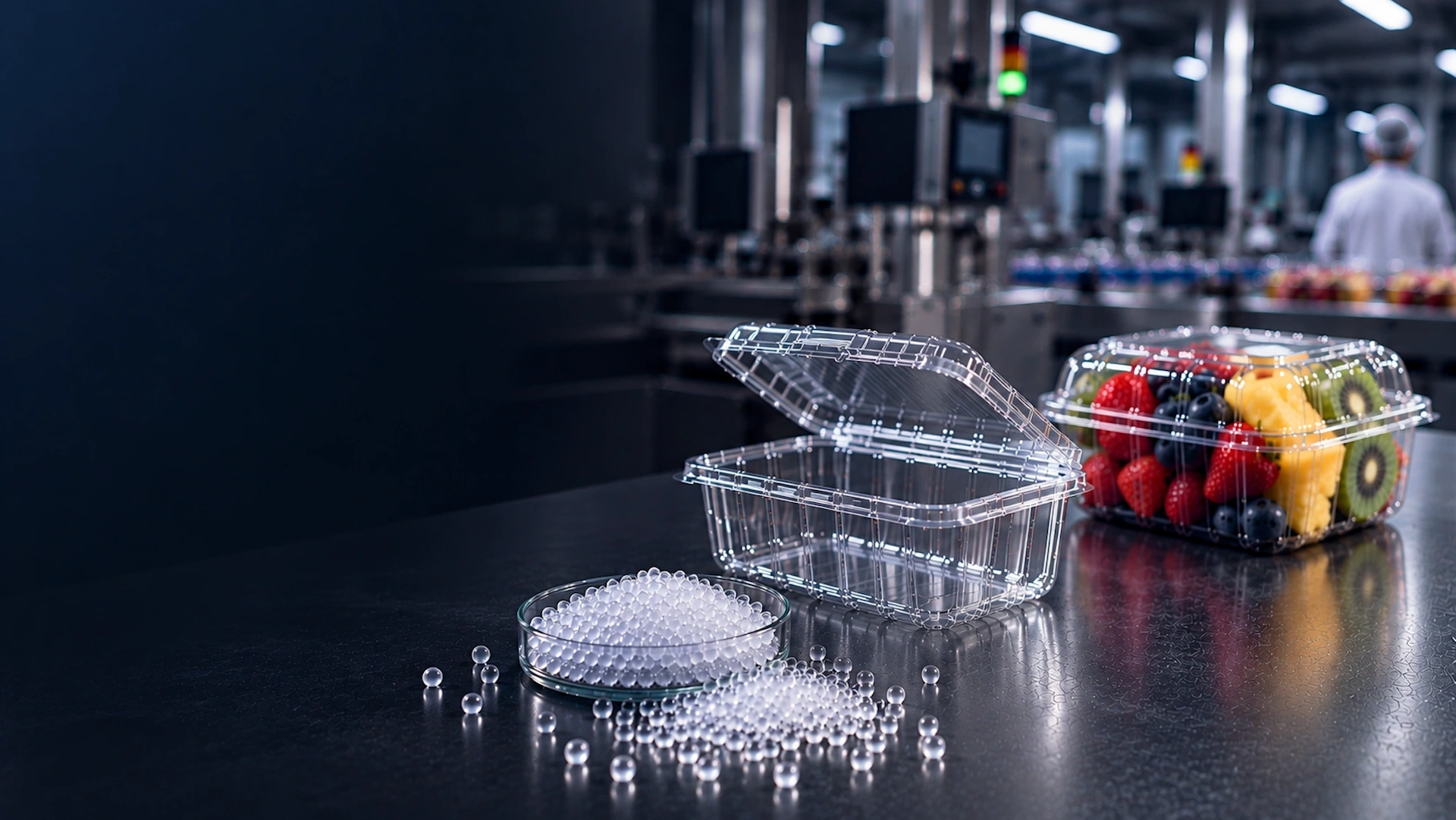 A Raytek clear fresh-cut fruit container reviewed with PET material samples