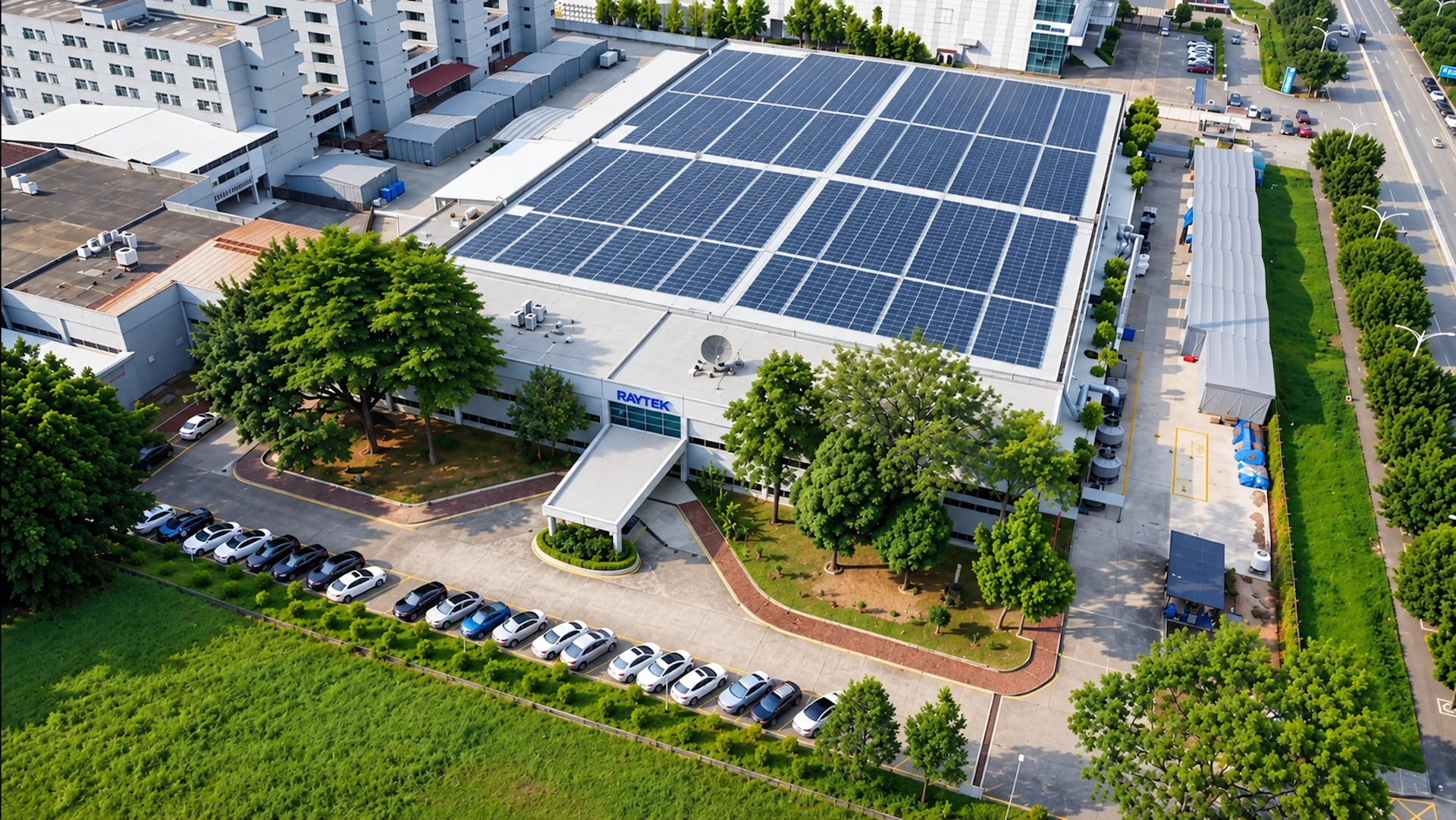 Close aerial view of the Raytek factory sign and rooftop solar installation
